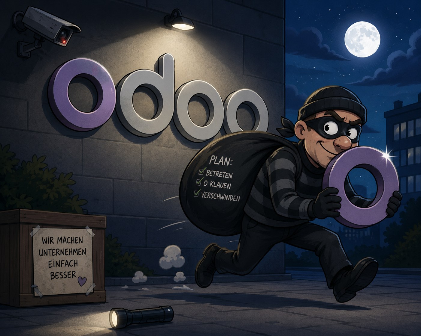 Comic-Illustration: Ein maskierter Dieb rennt nachts augenzwinkernd mit einem violetten «o» unter dem Arm vom Odoo-Firmenschild davon. Auf seinem Sack steht der Plan: Betreten, o klauen, verschwinden – alles abgehakt.
