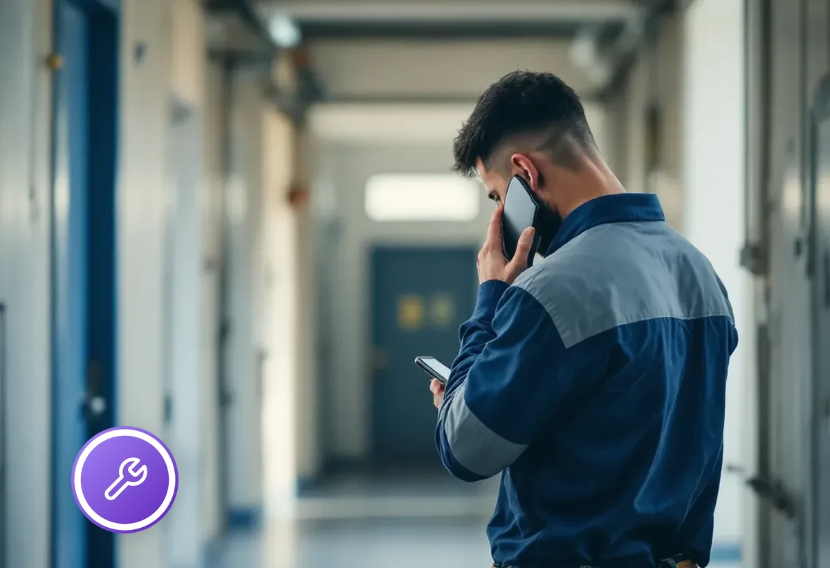 Handwerker in Arbeitskleidung mit Smartphone in der Hand, Bildschirminhalt nicht sichtbar