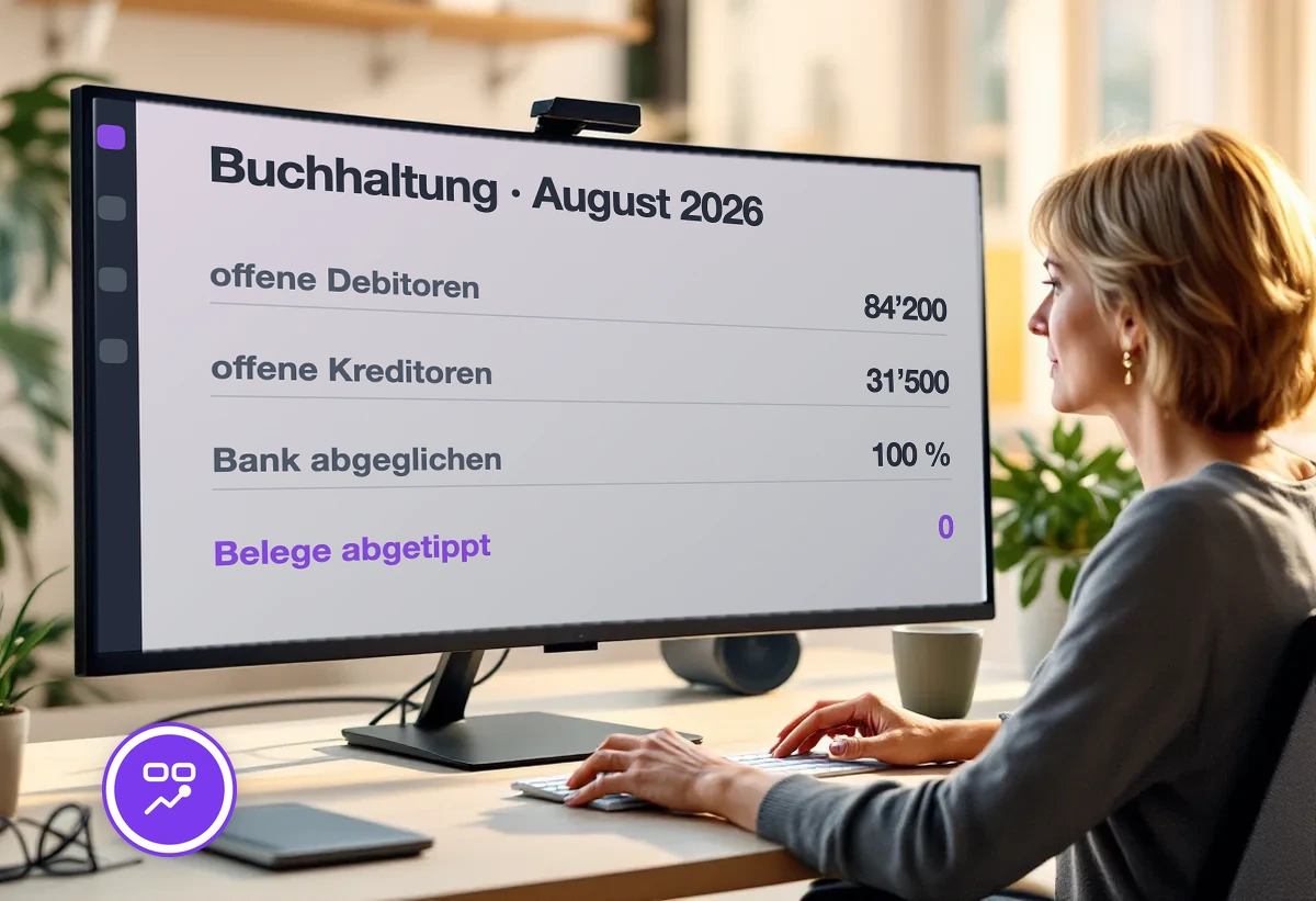 Bildschirm mit dem Stand der Buchhaltung: offene Debitoren und Kreditoren, Bank vollständig abgeglichen, keine abgetippten Belege