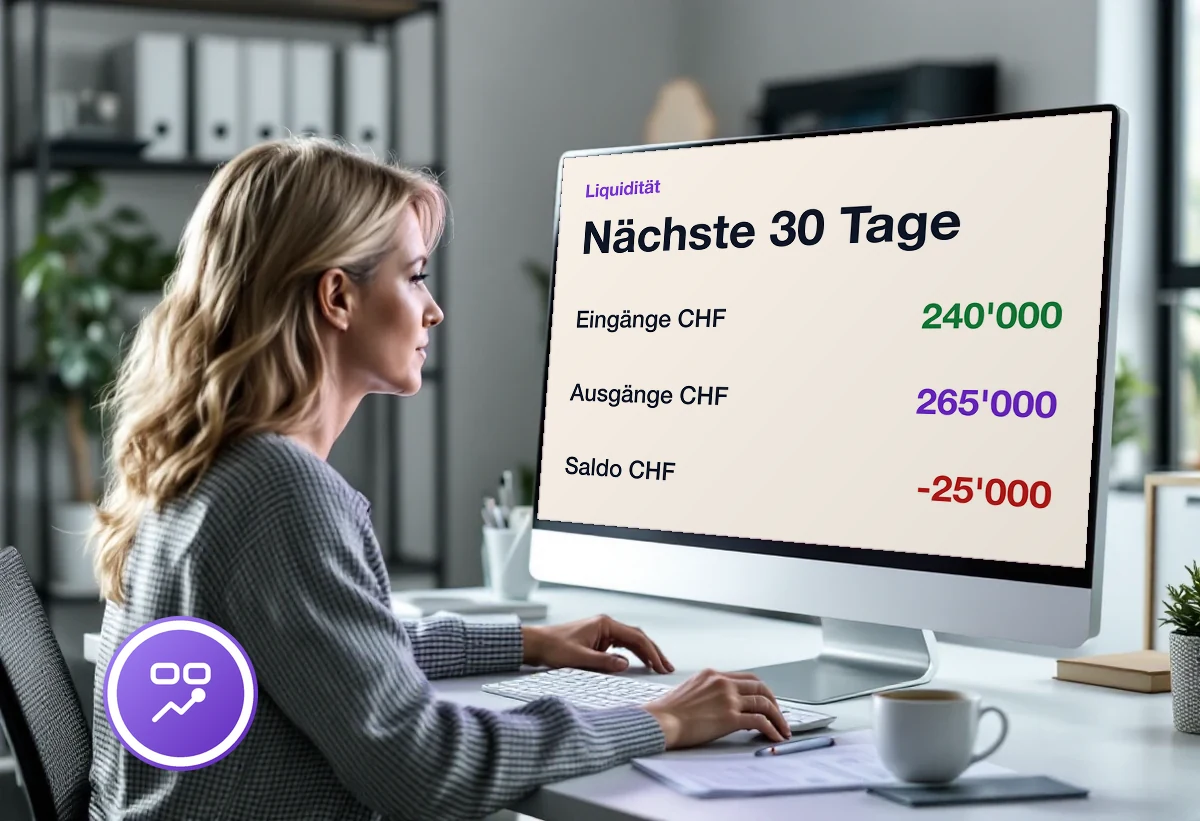 Bildschirm mit Cashflow-Übersicht: Zahlungseingänge und -ausgänge je Woche
