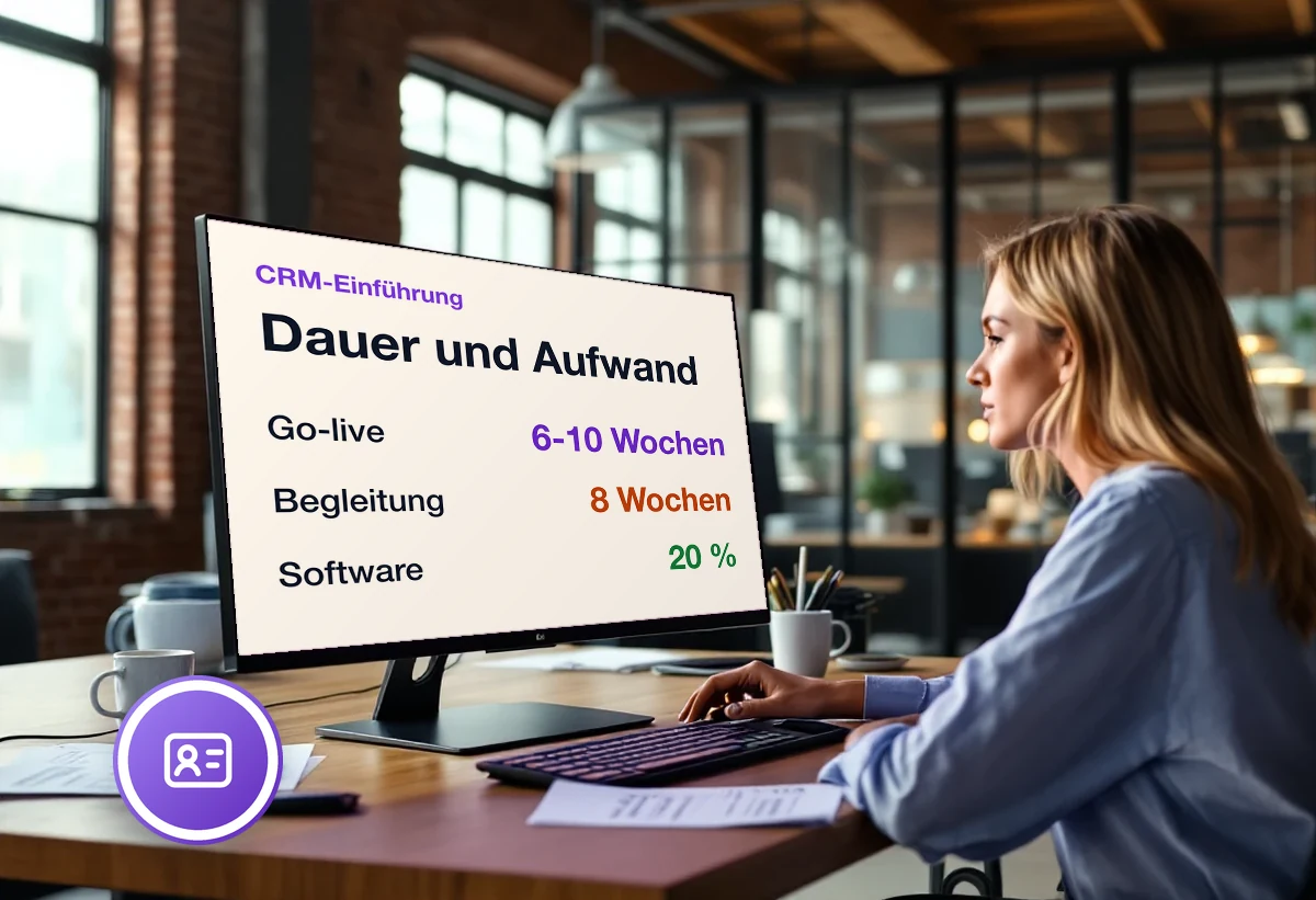 Bildschirm mit den Eckwerten einer CRM-Einführung: 6-10 Wochen bis Go-live, 8 Wochen Begleitung, 20 Prozent Software