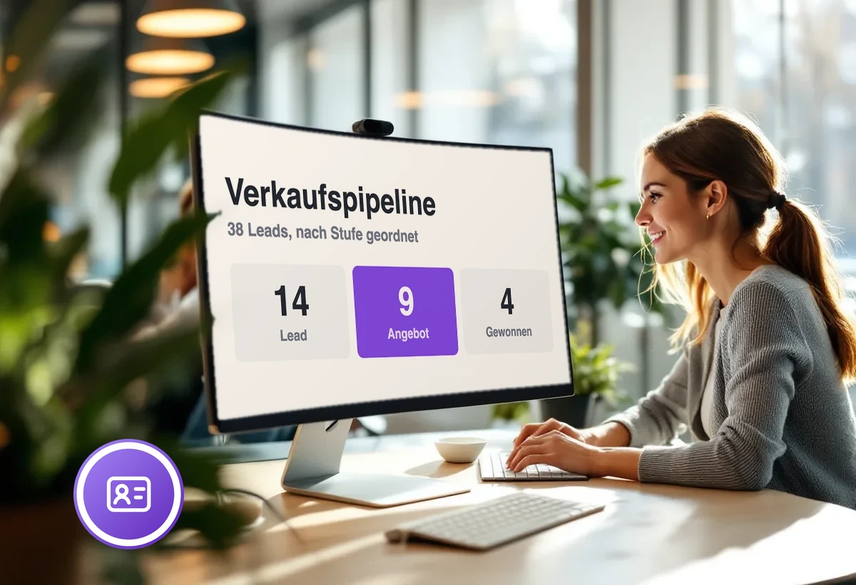 Bildschirm zeigt eine Verkaufspipeline mit 38 Leads nach Stufe geordnet: Lead, Qualifiziert, Angebot, Gewonnen