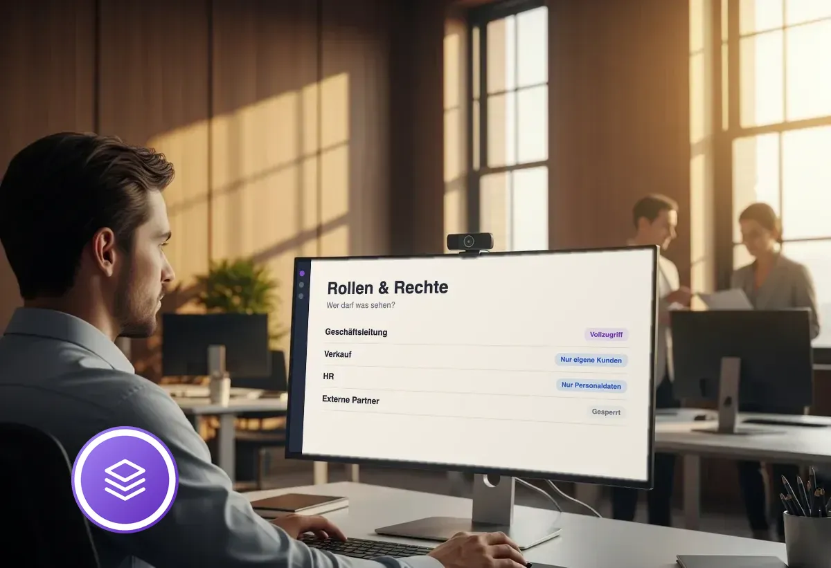 Curved-Monitor mit Rollen-und-Rechte-Übersicht, im warmen holzvertäfelten Büro