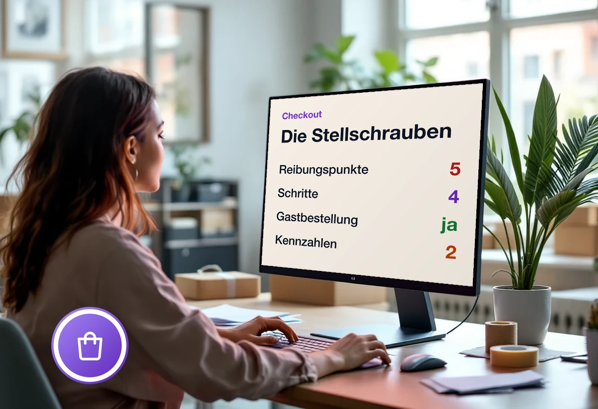 Bildschirm mit den Stellschrauben eines Checkouts: fünf Reibungspunkte, vier Schritte, Gastbestellung möglich, zwei Kennzahlen