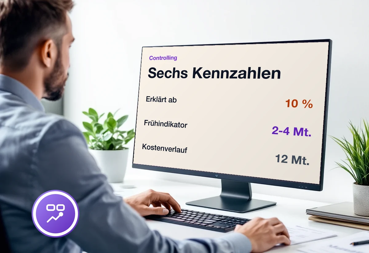 Bildschirm mit den Controlling-Kennzahlen: sechs Stück, Abweichungen erklärt ab zehn Prozent, Frühindikator mit zwei bis vier Monaten Vorlauf, Kostenverlauf über zwölf Monate