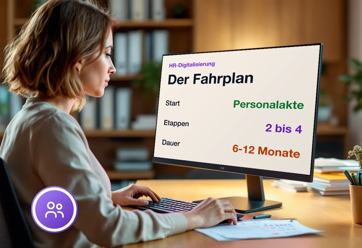 Bildschirm mit dem Fahrplan einer HR-Digitalisierung: Start bei der Personalakte, 2 bis 4 Etappen, 6 bis 12 Monate