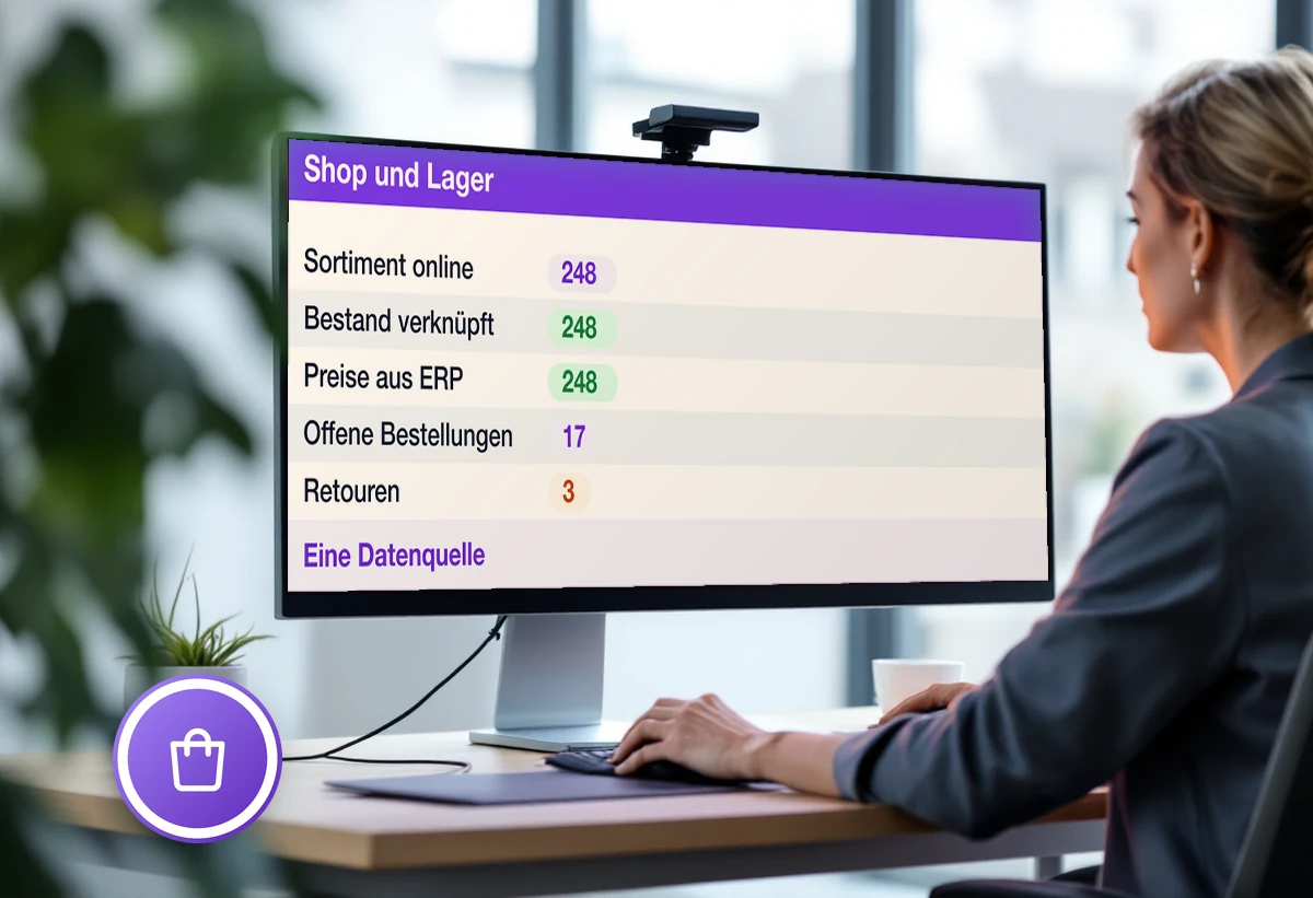 Bildschirm mit Shop-Übersicht: Bestellungen, Sortiment und Integration zum Lager
