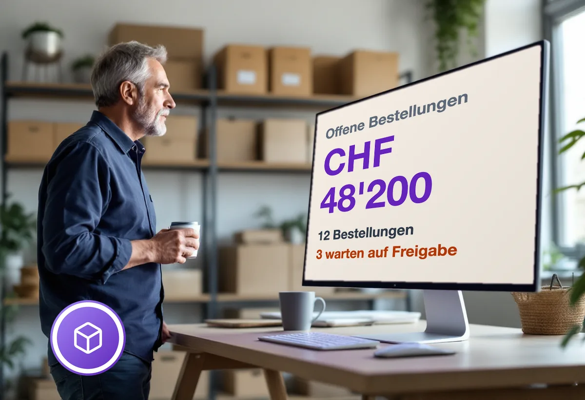 Bildschirm mit den offenen Bestellungen: Gesamtvolumen, Anzahl und drei Bestellungen, die auf Freigabe warten