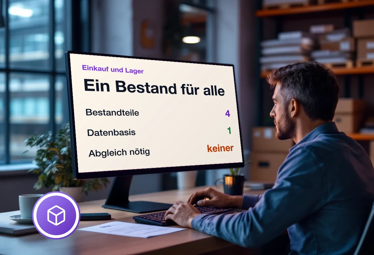 Bildschirm mit Einkauf und Lager in Odoo: vier Bestandteile auf einer Datenbasis, kein Abgleich zwischen Systemen nötig