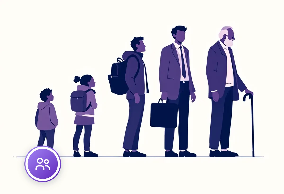 Bildschirm mit einer Lebensweg-Illustration von Kind über Berufseinsteiger, Fachkraft, Führungsperson bis zur Pensionierung