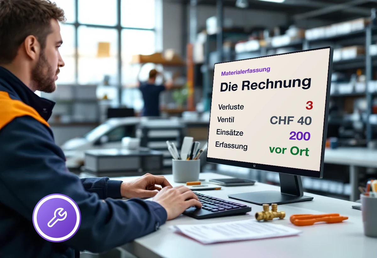 Bildschirm mit der Rechnung zum nicht erfassten Material: drei Verluste, ein Ventil für CHF 40, zweihundert Einsätze im Jahr, Erfassung vor Ort