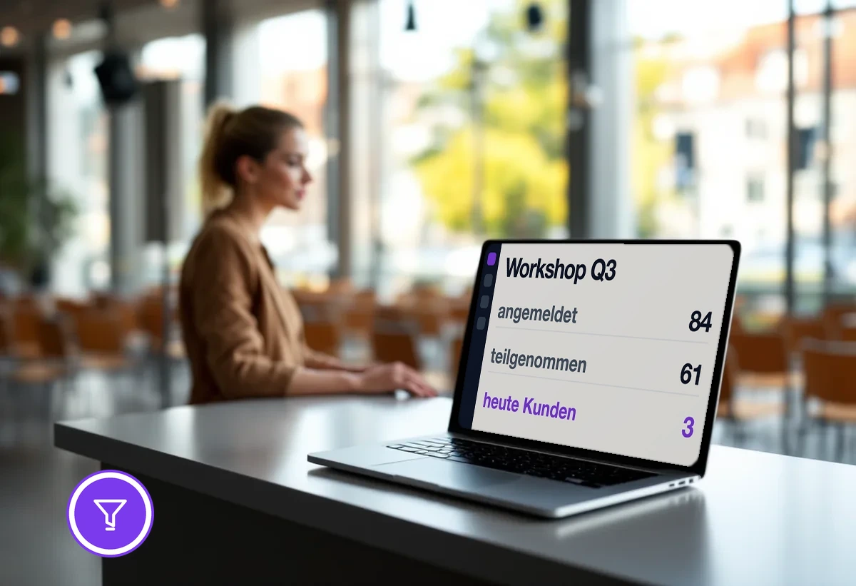 Empfang einer Veranstaltung mit der Webinar-Auswertung auf dem Notebook: Anmeldungen, Teilnahme und daraus entstandene Kunden