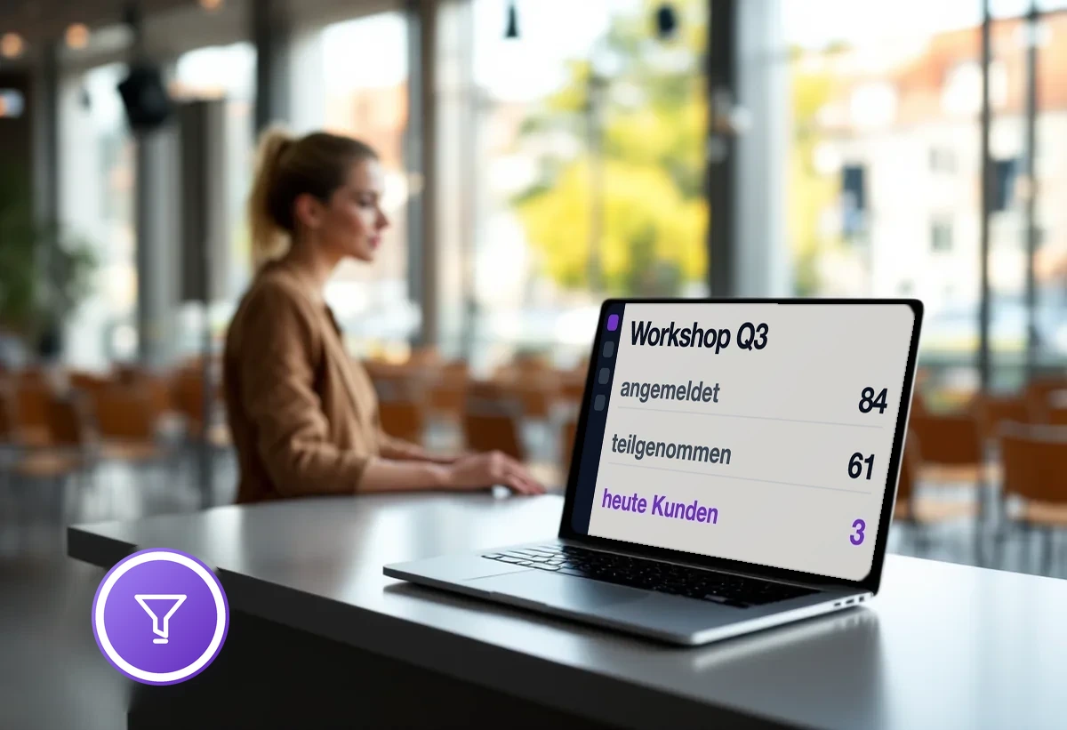 Empfang einer Veranstaltung mit der Webinar-Auswertung auf dem Notebook: Anmeldungen, Teilnahme und daraus entstandene Kunden