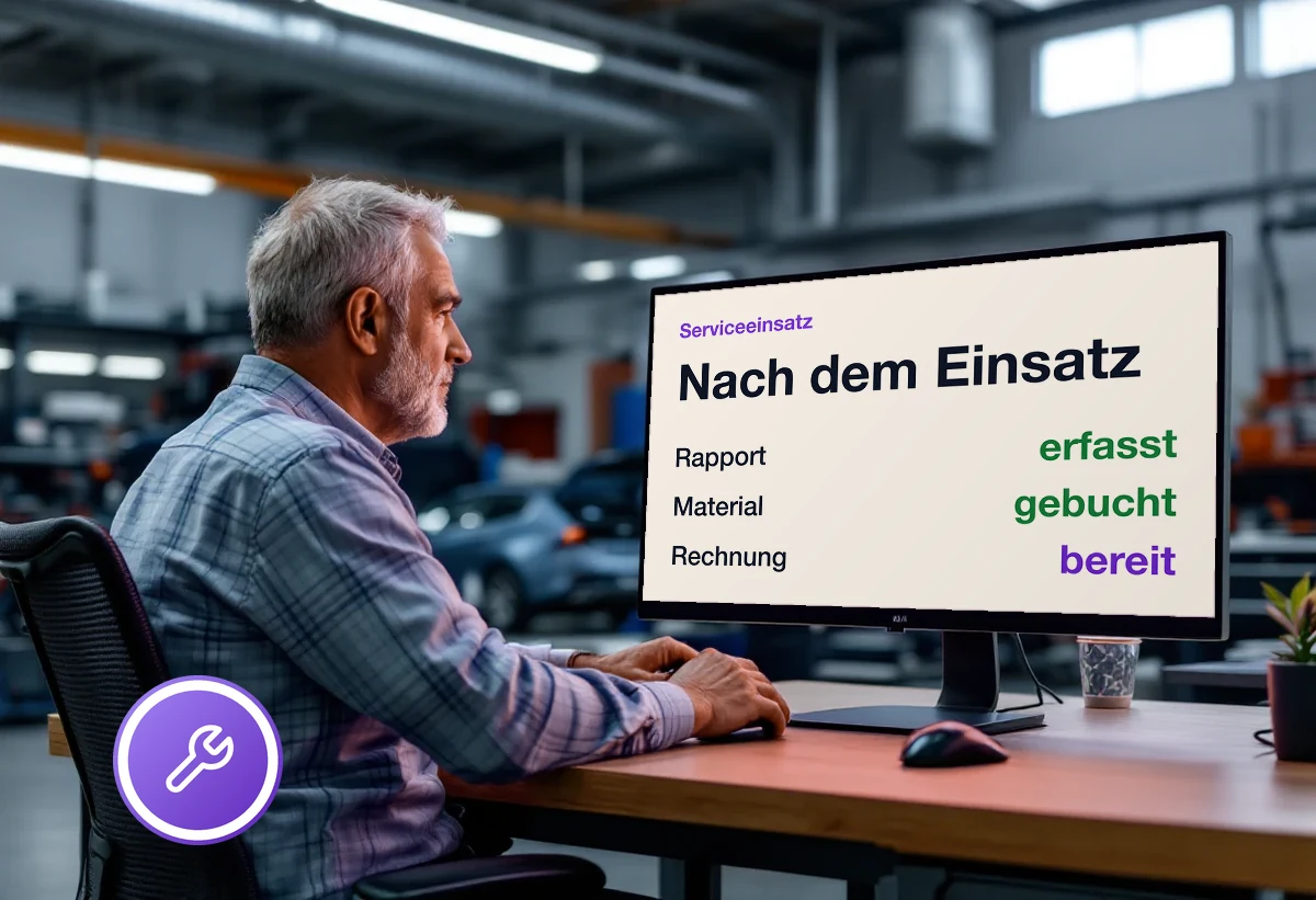 Bildschirm mit dem Stand eines Serviceeinsatzes: Rapport erfasst, Material gebucht, Rechnung bereit