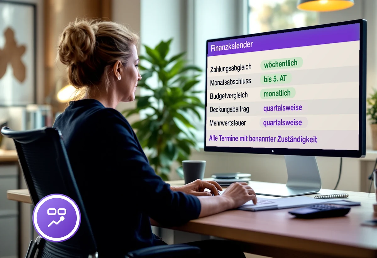 Bildschirm mit Finanzorganisation: Aufgaben, Zuständigkeiten und Termine je Monat