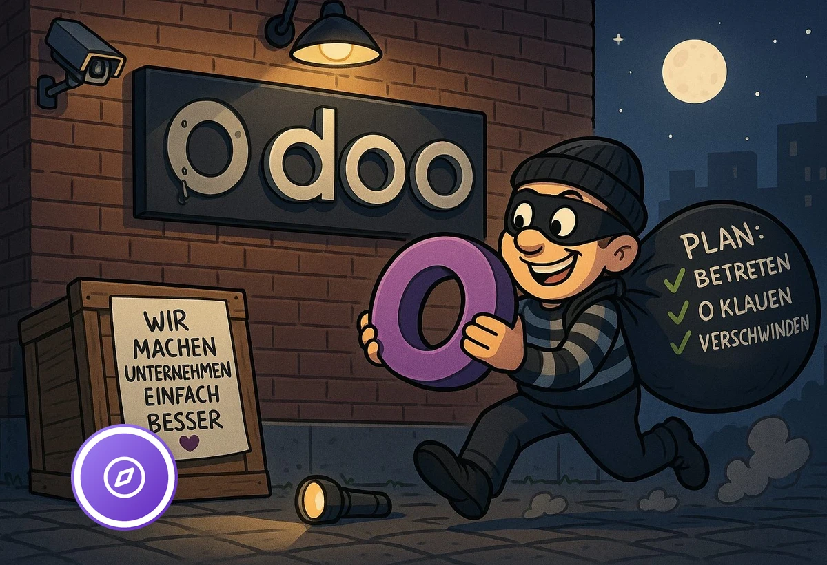 Illustration: Ein Einbrecher stiehlt bei Nacht das «O» vom Odoo-Schild
