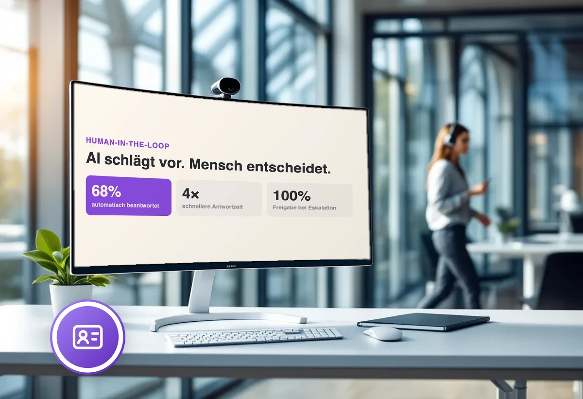Curved-Monitor hinter Glaswand zeigt 'AI schlägt vor, Mensch entscheidet' - eine Support-Mitarbeiterin mit Headset im Hintergrund
