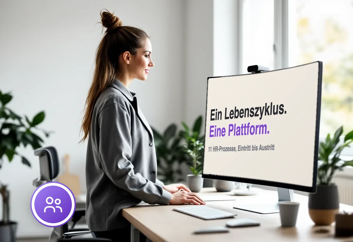 Curved-Monitor in einem hellen Büro zeigt 11 Prozesse, eine Plattform - der Mitarbeitenden-Lebenszyklus