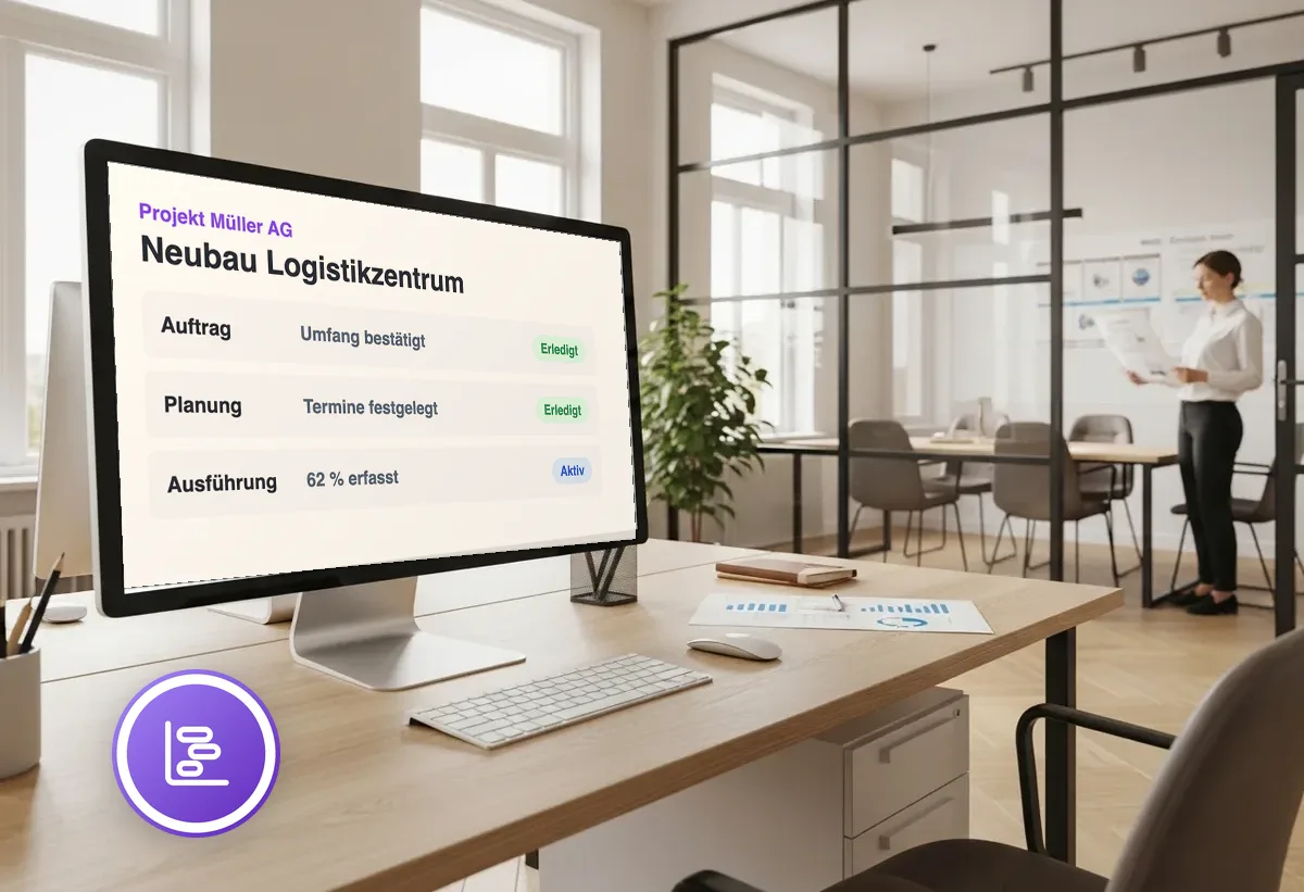 Bildschirm mit Projektübersicht, im Hintergrund ein modernes Büro