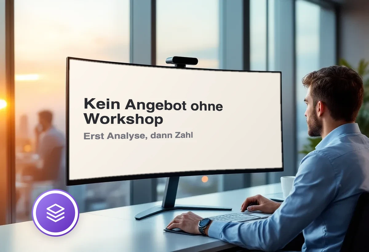 Geschäftsführer am Bildschirm mit der Botschaft: kein Angebot ohne Workshop