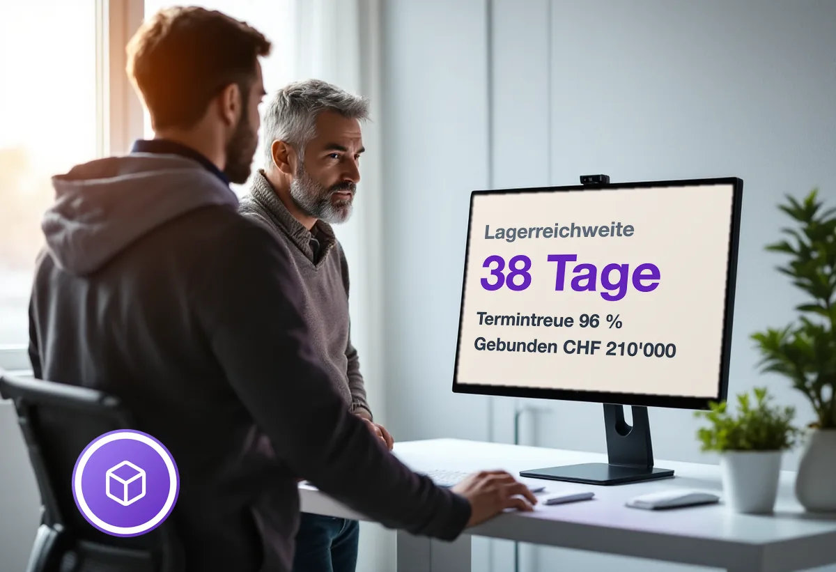 Bildschirm mit Kennzahlen zu Lagerreichweite, Termintreue und gebundenem Kapital