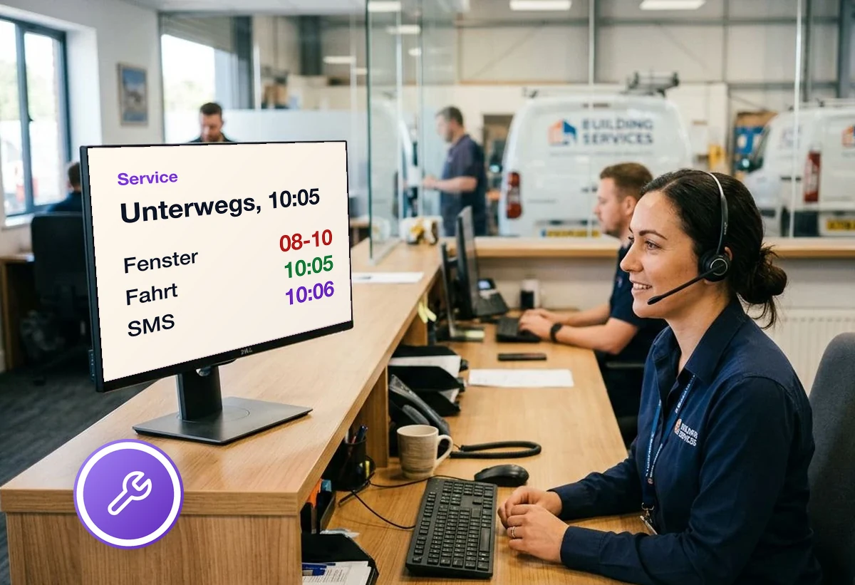 Mitarbeiterin mit Headset am Servicedesk eines Gebäudetechnikbetriebs liest am Bildschirm den Status eines Einsatzes ab, hinter der Glaswand ein Servicefahrzeug