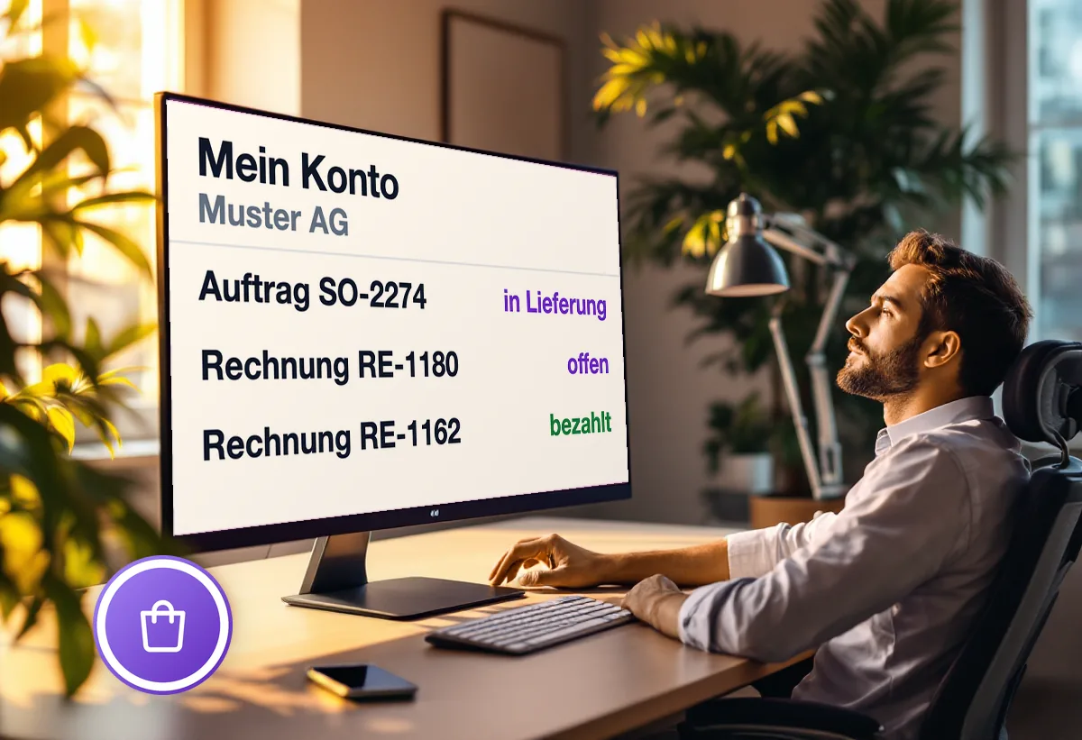 Bildschirm mit der Portalansicht eines Kunden: Aufträge, Rechnungen und Lieferstatus