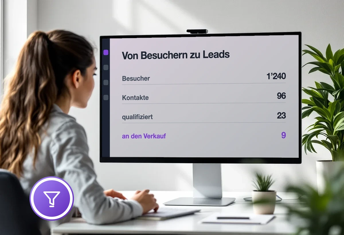 Bildschirm mit dem Trichter von 1240 Besuchern über 96 Kontakte und 23 qualifizierte Leads zu 9 Übergaben an den Verkauf