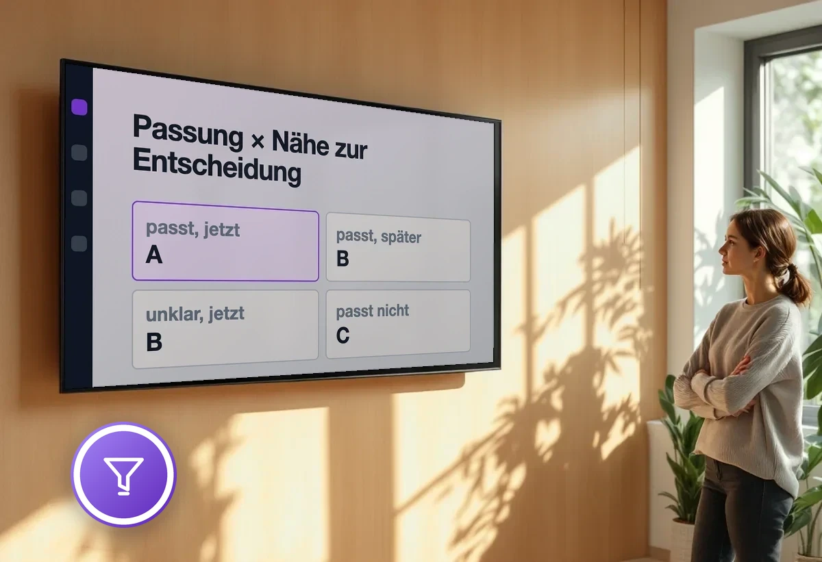 Wandbildschirm mit der Qualifizierungsmatrix aus Passung und Nähe zur Entscheidung