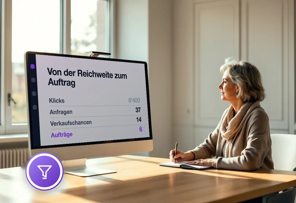 Geschäftsleiterin am Bildschirm mit der Kette von Klicks über Anfragen und Verkaufschancen zu Aufträgen