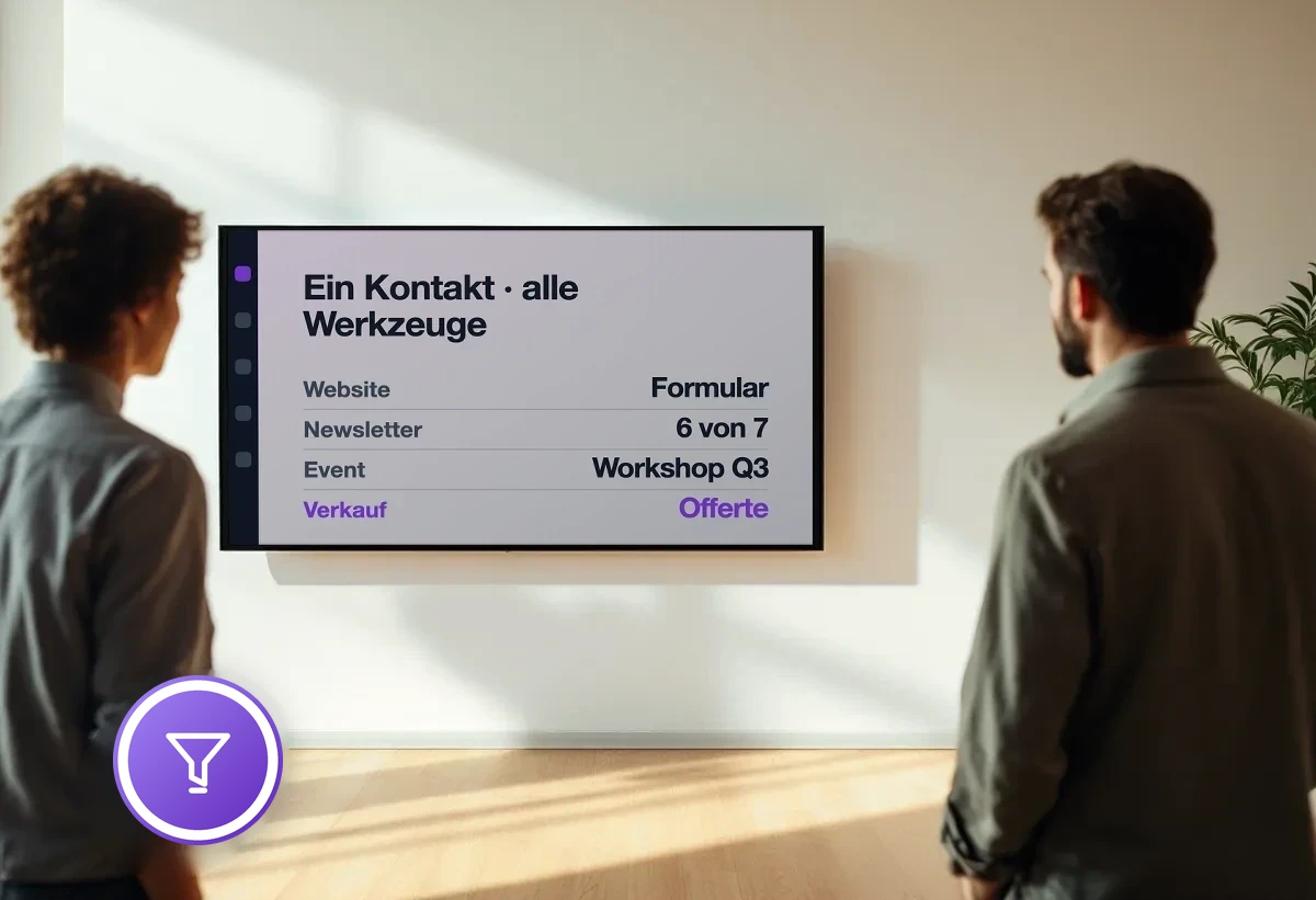 Wandbildschirm mit einem Kontakt, an dem Website, Newsletter, Event und Verkauf zusammenlaufen