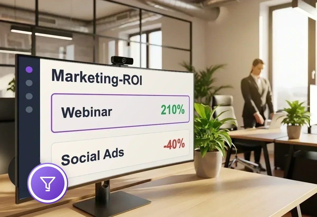 Bildschirm mit Marketing-ROI je Kanal: Webinar mit 210 Prozent ROI hervorgehoben, Social Ads mit -40 Prozent