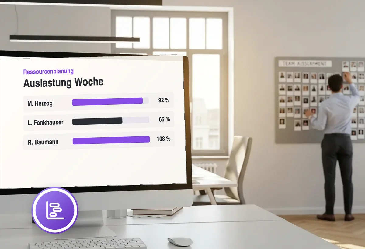 Bildschirm mit Ressourcenplanung in einem modernen Büro