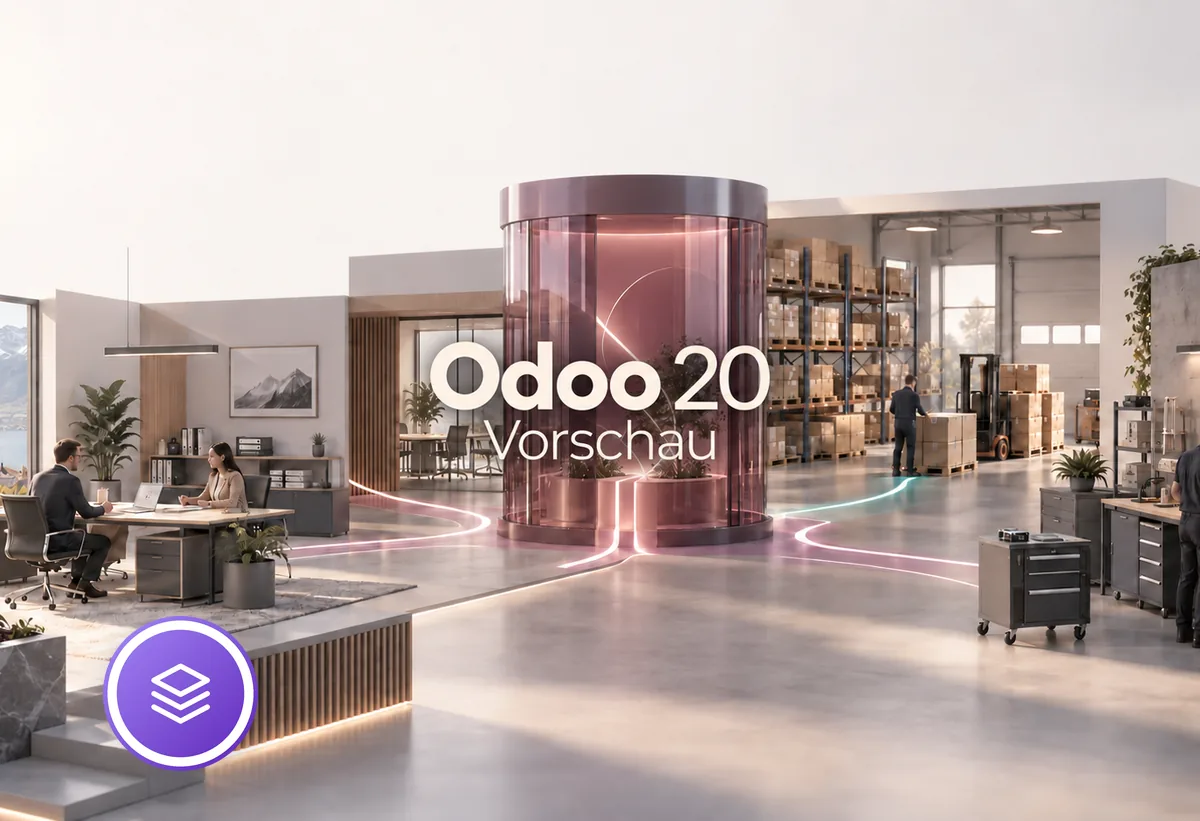 Odoo-20-Vorschau: Büro, Lager und Werkstatt verbunden durch einen gemeinsamen Datenkern