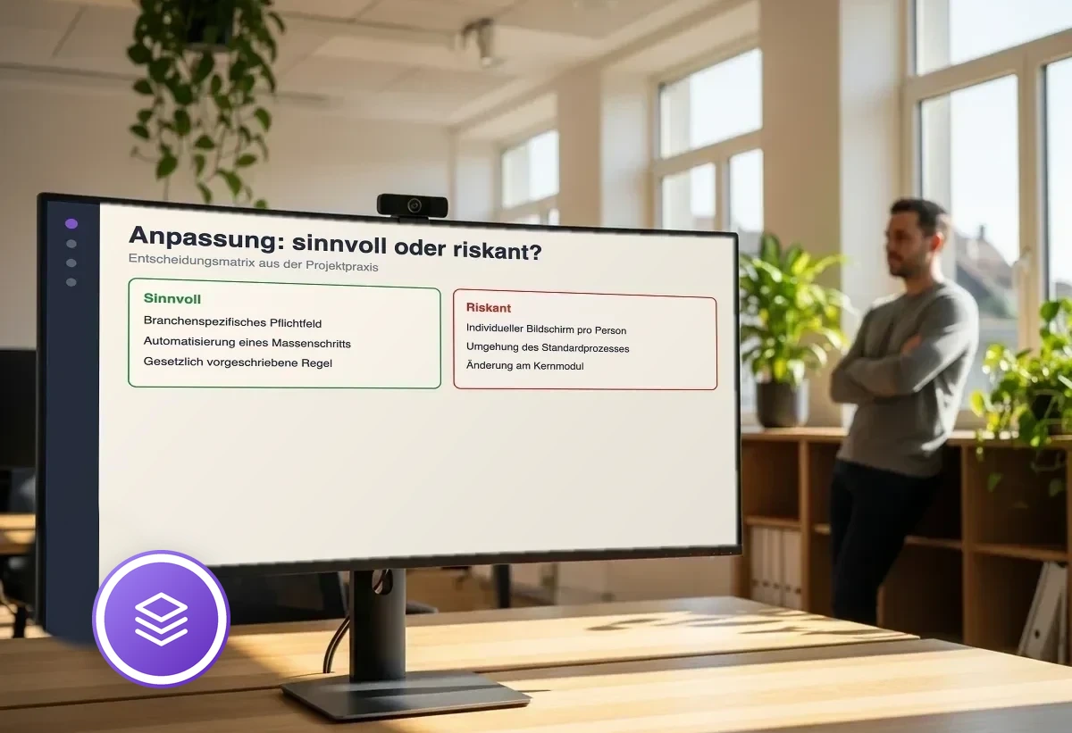 Bildschirm mit Entscheidungsmatrix: sinnvolle Anpassungen wie Pflichtfelder und Automatisierung links, riskante wie individuelle Bildschirme und Kernmodul-Änderungen rechts