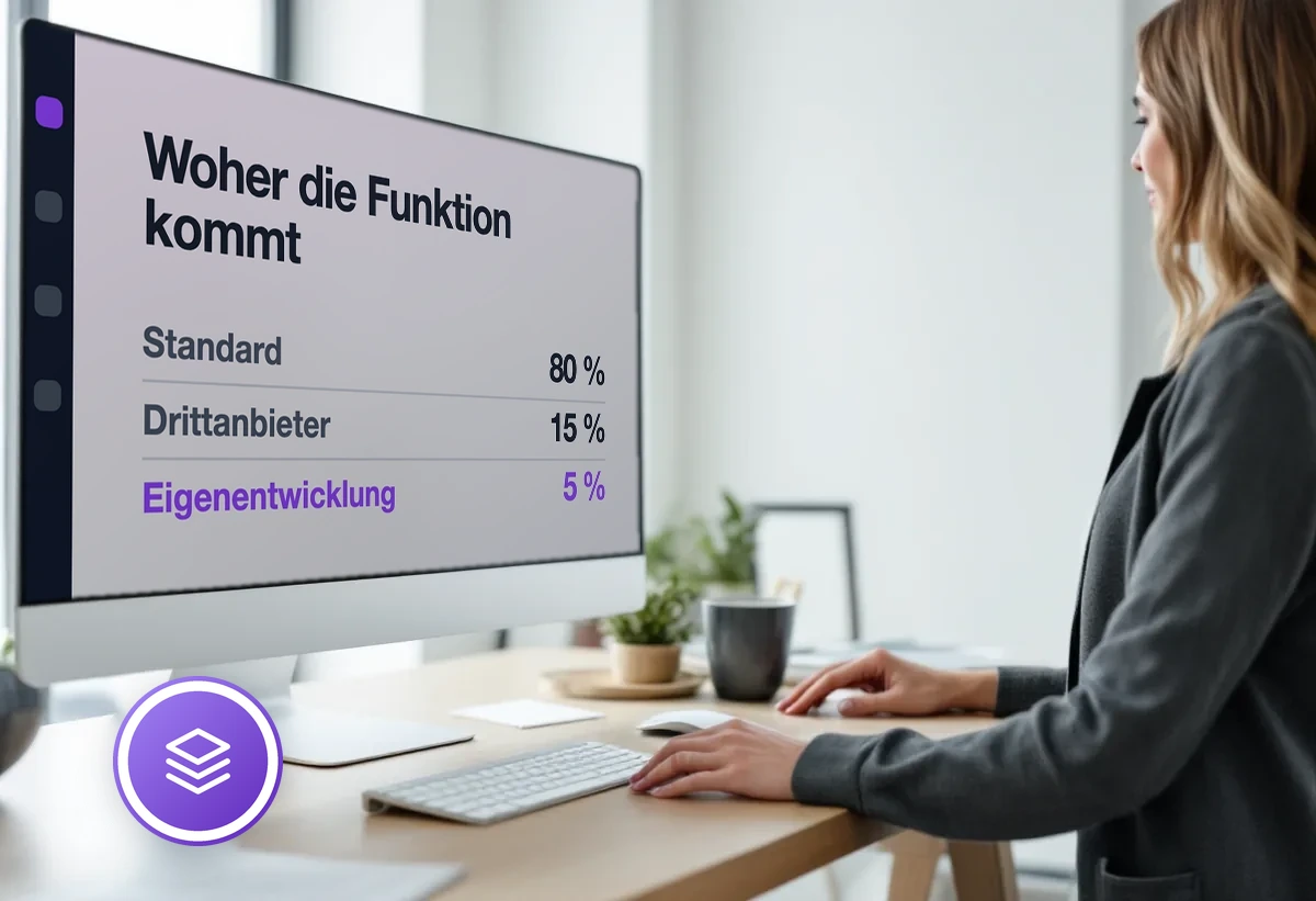 Wandbildschirm mit der Herkunft von Funktionalität: 80 Prozent Standard, 15 Drittanbieter, 5 Eigenentwicklung