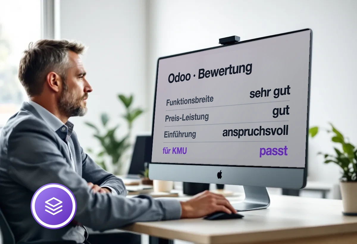 Bildschirm mit der Bewertung von Odoo nach Funktionsbreite, Preis-Leistung und Einführungsaufwand