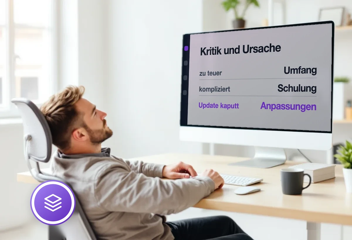 Bildschirm mit häufigen Kritikpunkten an Odoo und ihrer jeweiligen Ursache