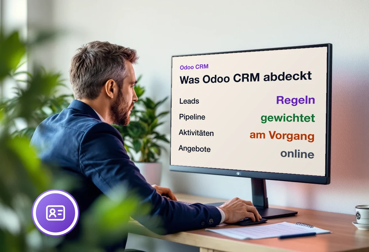 Bildschirm mit dem Funktionsumfang von Odoo CRM: Leads nach Regeln, gewichtete Pipeline, Aktivitäten am Vorgang, Angebote online annehmbar