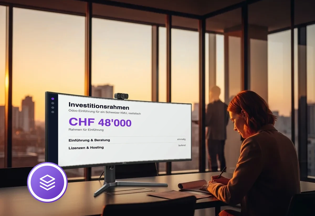 Bildschirm zeigt den Investitionsrahmen einer Odoo-Einführung: CHF 48'000, aufgeteilt in Einführung und laufende Kosten
