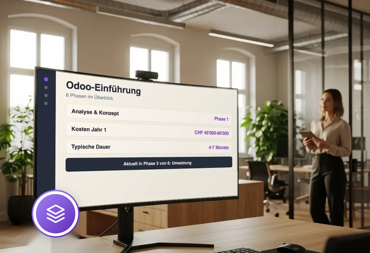 Bildschirm mit Odoo-Einführung in 6 Phasen: Analyse & Konzept, Kosten Jahr 1 CHF 45'000-80'000, typische Dauer 4-7 Monate - aktuell in Phase 3 von 6