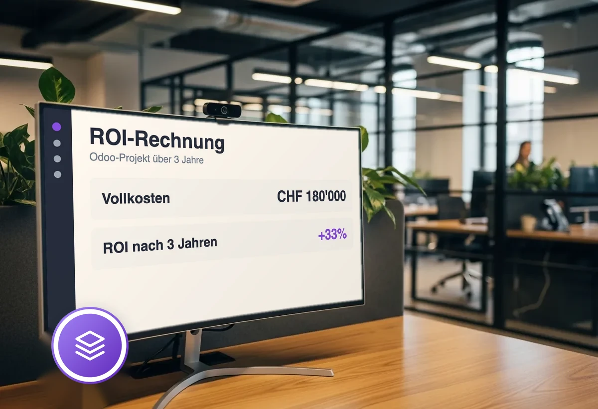 Bildschirm mit der ROI-Rechnung eines Odoo-Projekts: Vollkosten CHF 180'000, ROI nach drei Jahren +33%
