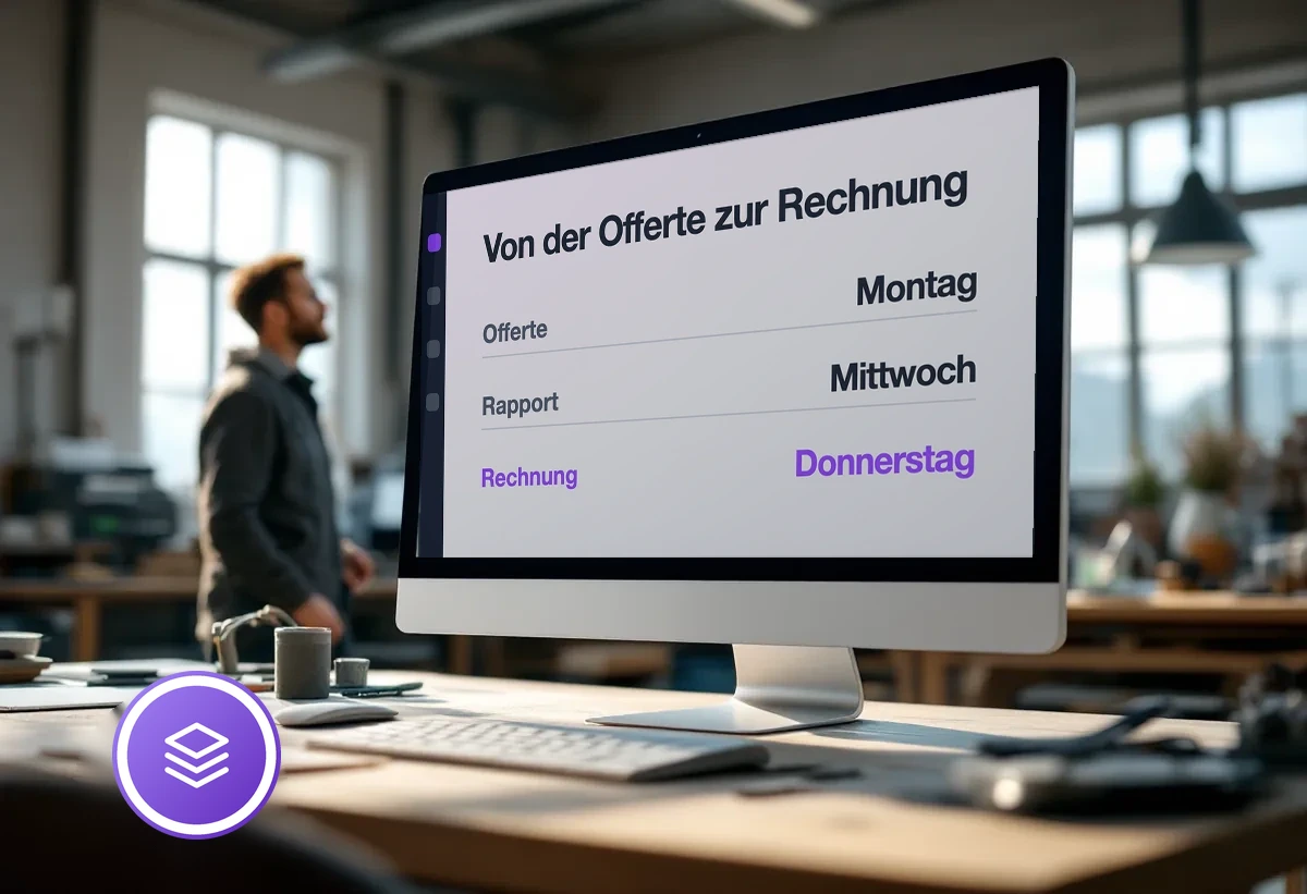 Bildschirm im Handwerksbetrieb mit der Kette von der Offerte über den Rapport zur Rechnung