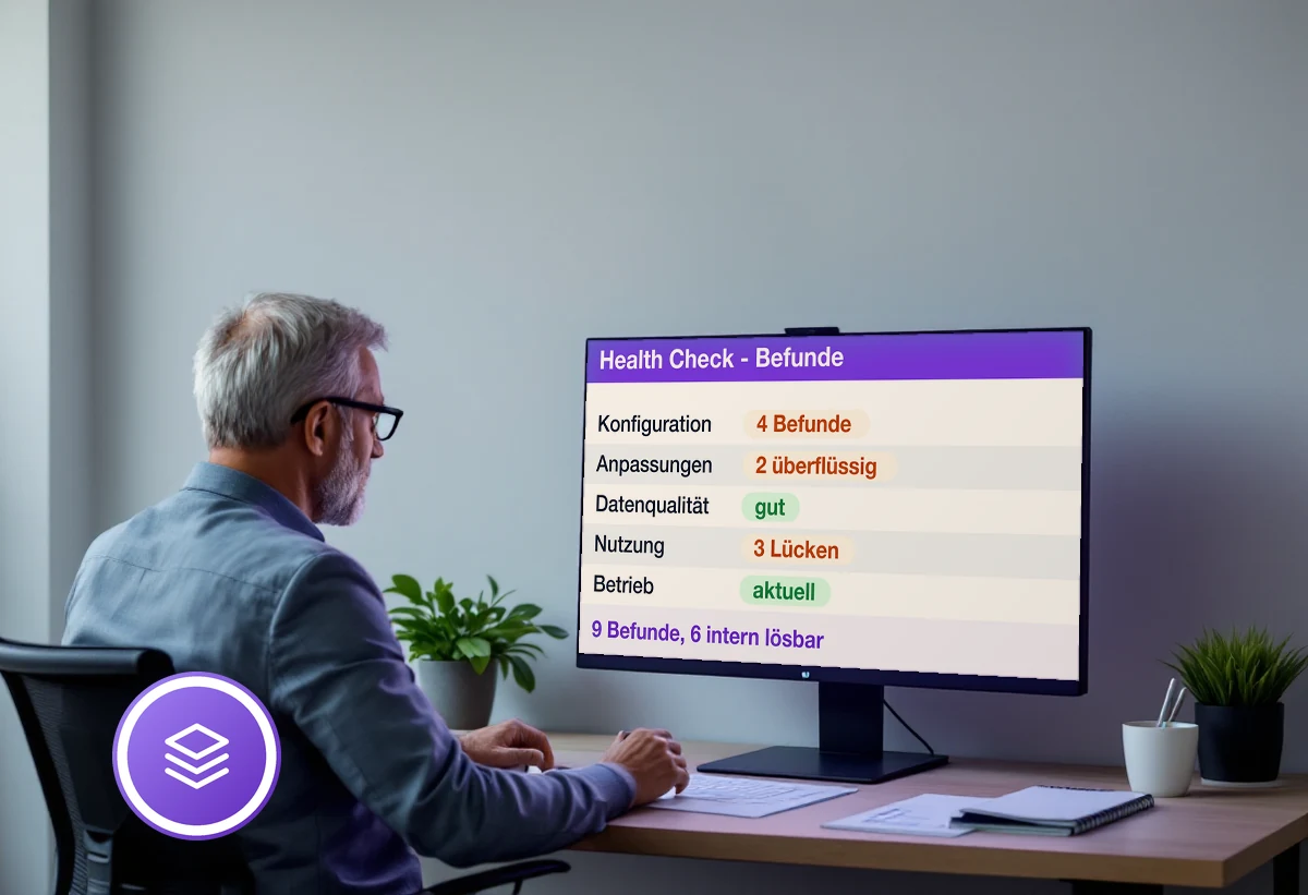 Bildschirm mit Prüfergebnissen eines Odoo-Systems je Bereich