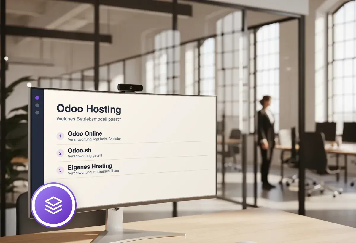 Curved-Monitor mit Vergleich der drei Odoo-Betriebsmodelle, im Hintergrund ein Glaswand-Grossraumbüro