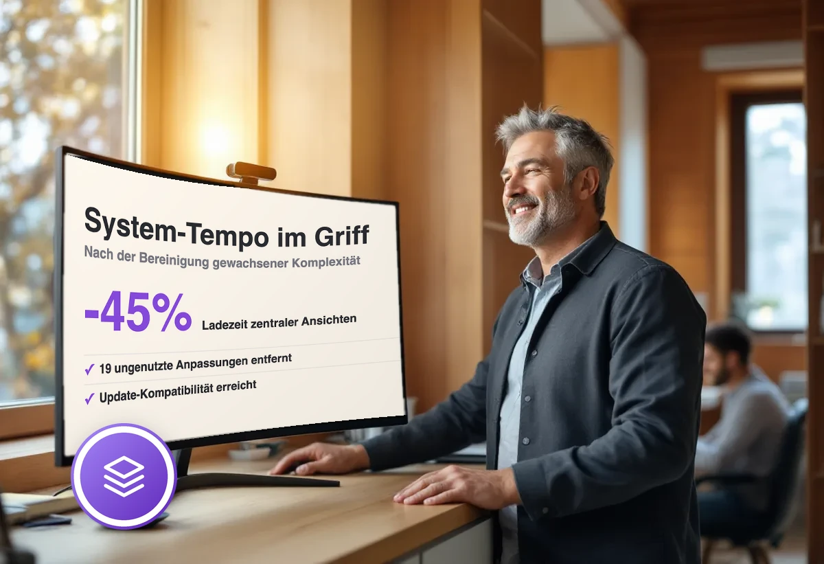 Bildschirm zeigt System-Tempo im Griff: Ladezeit -45 Prozent nach Bereinigung gewachsener Komplexität