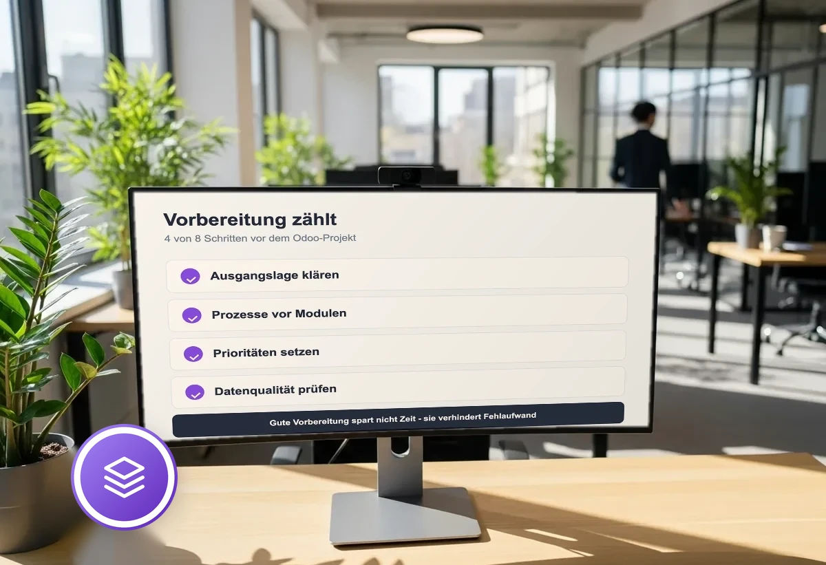 Bildschirm mit Vorbereitungs-Checkliste vor dem Odoo-Projekt: Ausgangslage klären, Prozesse vor Modulen, Prioritäten setzen, Datenqualität prüfen
