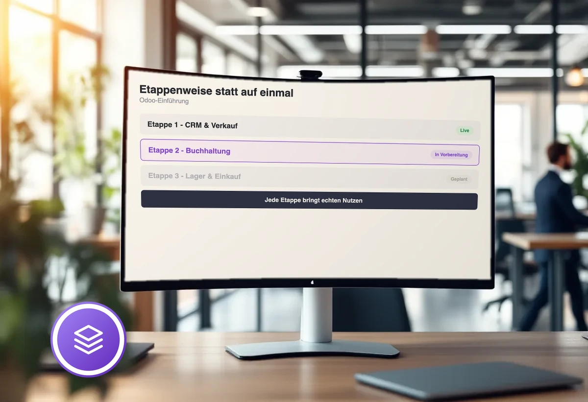 Bildschirm mit den Etappen einer Odoo-Einführung: CRM & Verkauf live, Buchhaltung in Vorbereitung, Lager & Einkauf geplant