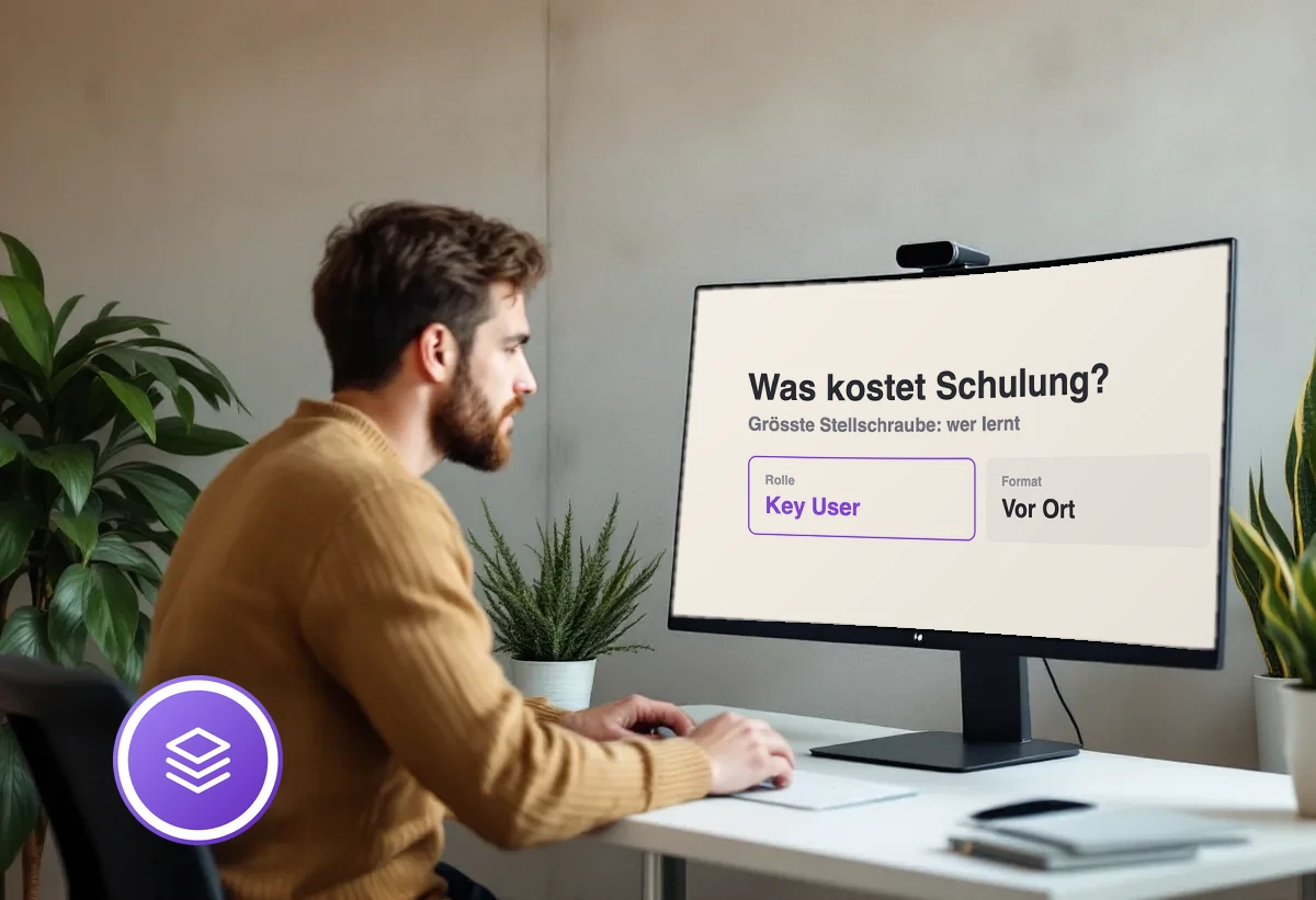 Am Bildschirm die Kostenfaktoren einer Odoo-Schulung: Rolle, Format, Gruppe, Weitergabe