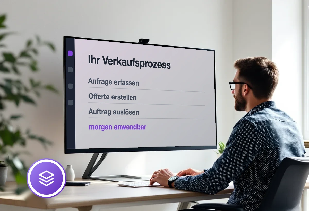 Bildschirm mit dem eigenen Verkaufsprozess von der Anfrage über die Offerte bis zum Auftrag